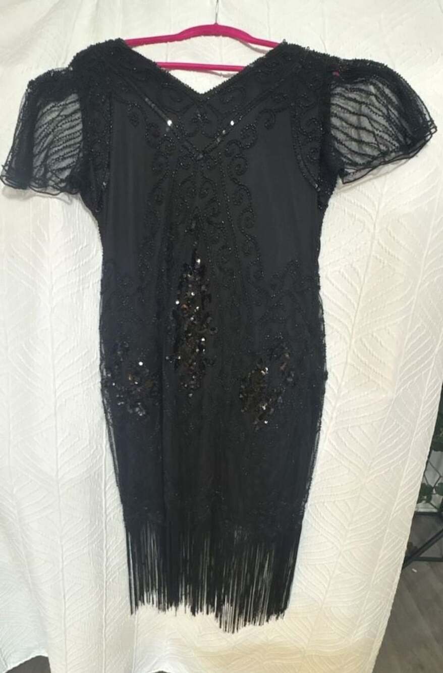 PrettyGuide Flapper Dress Size XL Black Beaded Sequin Fringe Art Deco